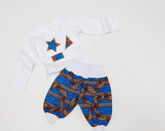 Featured listing image: Baby onesie pant set African print blue and gold ankara