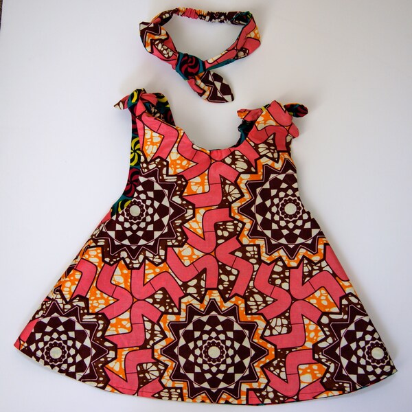 Reversible Ankara print girl's knot dress and bow party dress special occasion toddler clothing African kids wax fabric ethnic tribal boho