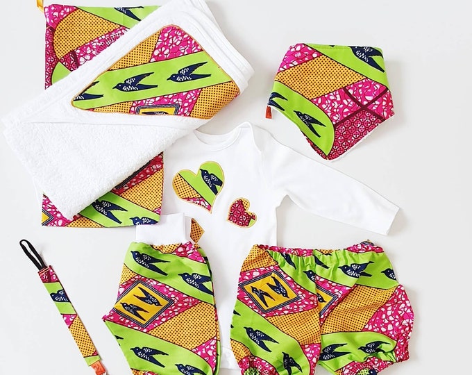 Featured listing image: African Print Baby Gift Set | Handmade 100% Cotton | Baby Romper, Hooded Towel, Bib, Onesie, Shorts, Pacifier Clip and Gift Bag