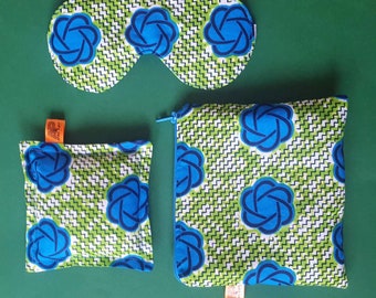 Blue and green wax print self-care lavender pouch and eye mask pamper kit