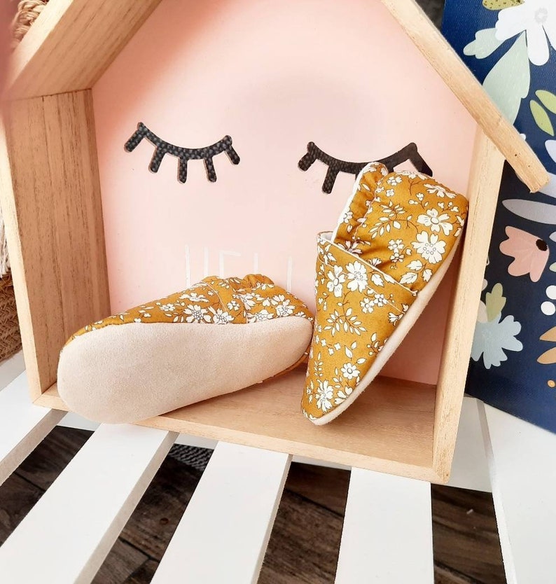 Baby slippers with leather & Liberty soles of your choice Lib. Capel Moutarde