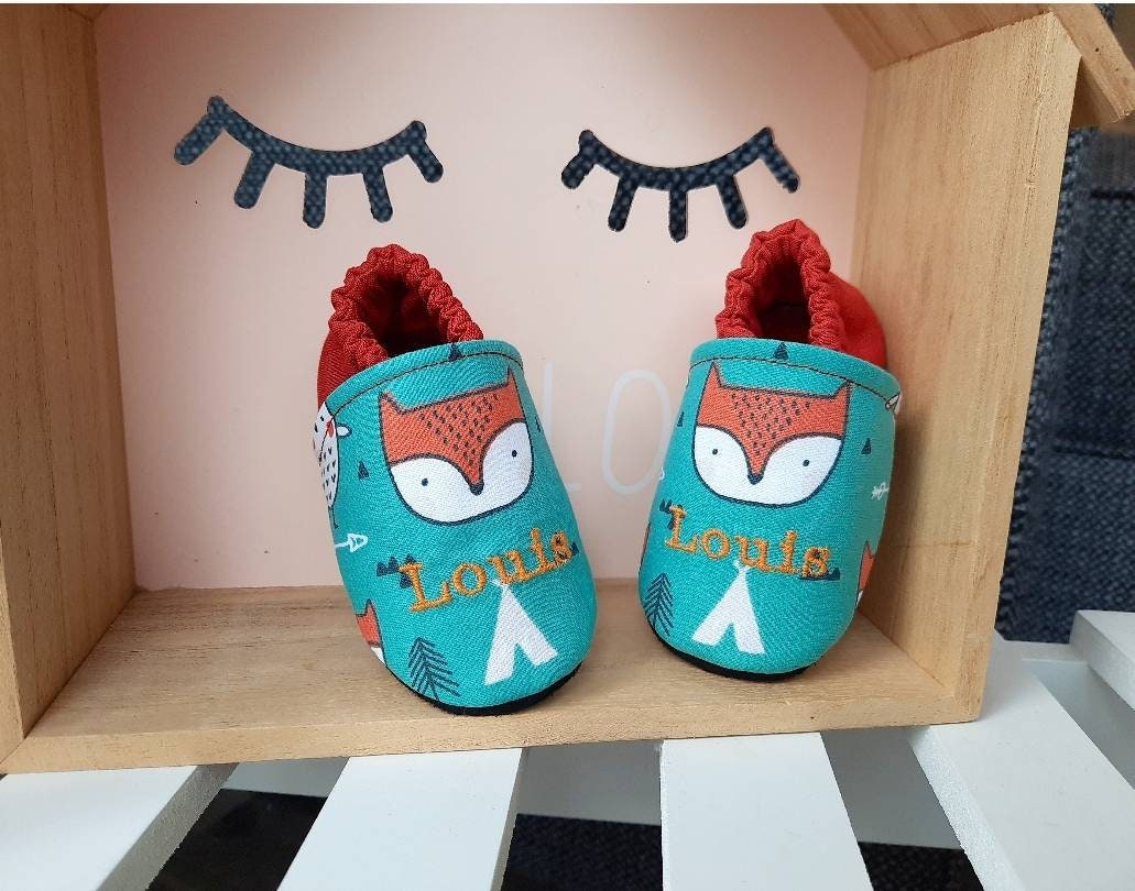 Personalized Embroidered Baby Slippers, Fox Leather Soles
