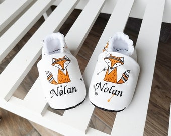 Personalized embroidered baby slippers, fox, black non-slip soles