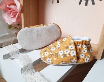Baby slippers with leather soles, liberty mustard cotton canvas