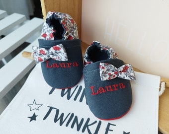 Personalized baby slippers, leather & Liberty red/grey soles