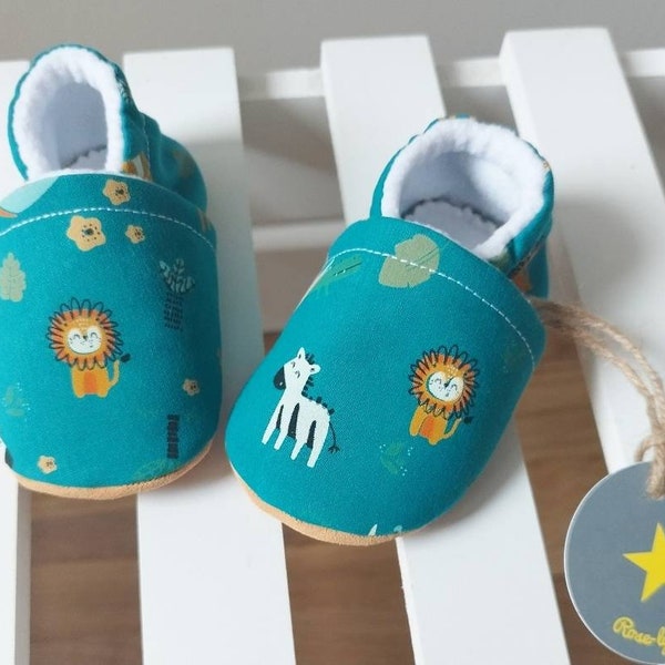 Chaussons bébé semelles cuir, animaux de la savane