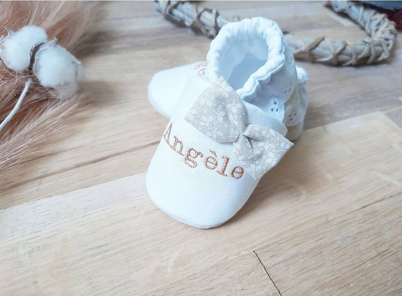 Personalized baby slippers, leather soles, beige liberty and English embroidery image 5