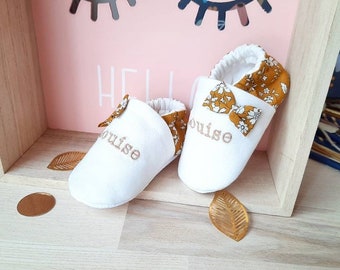 Personalized baby slippers, liberty Capel Mustard, non-slip soles.