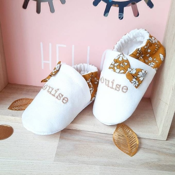 Personalized baby slippers, liberty Capel Mustard, non-slip soles.