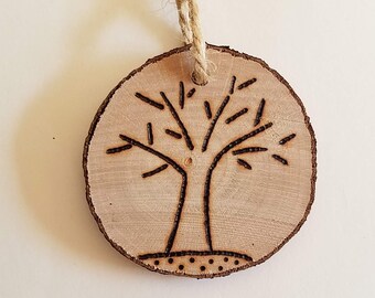 Tree Wooden Ornament or Gift Tag Wood Burned in minimalist Scandinavian Style on Real foraged Wood Slice with Natural Jute Twine Tie