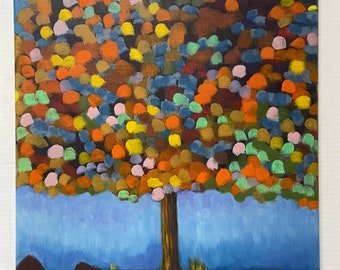 Tree in Autumn Colors Pointillism  Oil Painting on 16 x 20 Canvas