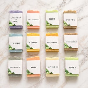 Peut inclure: Une sélection de douze savons rectangulaires, chacun enveloppé d'une étiquette blanche avec une illustration botanique et un nom de parfum. Les parfums incluent Lavande & Menthe, Pamplemousse, Menthe, Café, Ylang, Citron, Mandarine, Cannelle, Géranium, Rose, Lavande et Pomme.