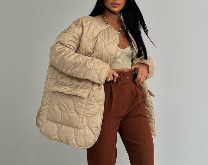 Featured listing image: Beige Lightweight & Warm, Quilted Long Padding, Snap Button Closure Front Flap Pockets Quilt Parka Puffer Cozy Jacket