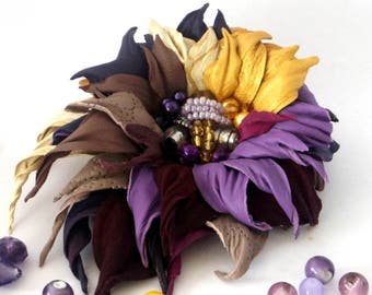 Purple flower brooch/ Leather flower jewelry/  3rd anniversary gift for women