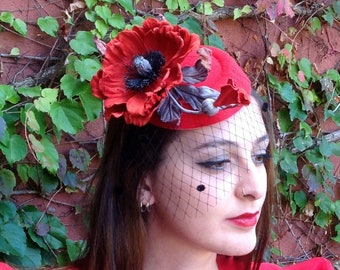 Red Kentucky derby hat/  Red Poppy flower/ Race day hat