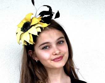 Yellow ascot fascinator Sunflower kentucky derby hat  leather flower