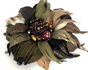 Brown flower brooch / Leather flower pin /  Beautiful brooch for  3 rd anniversary