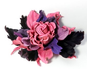Leather rose brooch / Leather flower pin/ 3 year anniversary gift for women