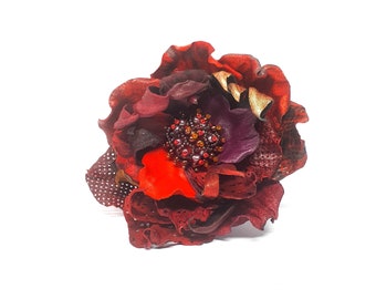 Dark Red leather Brooch Handmade flower Evening Jewelry Leather wedding 3rd anniversary Bridal flower Gift for Grandma 70th Birthday