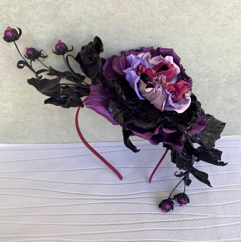 Purple Kentucky derby hat/ Ascot fascinator/ Leather flower / Royal wedding hats for women image 8