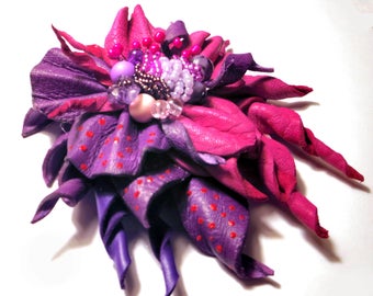 Fuchsia Leather flower brooch / valentines day brooch / 3rd anniversary gift