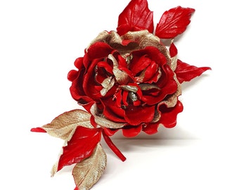 Red Gold Brooch Real Leather flower Red floral Jewerly Bridal accessory mather of the Bride Handmade Red big brooch