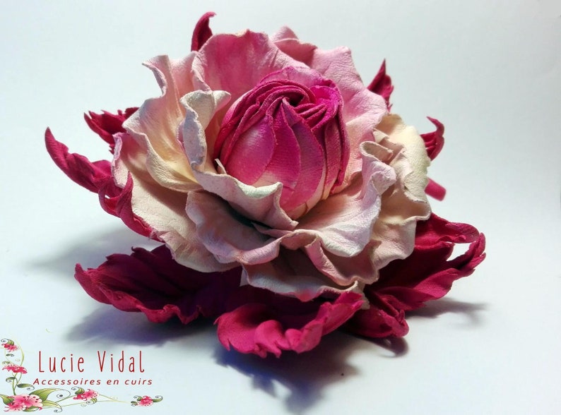 White Pink flower brooch Large leather flower pin for women