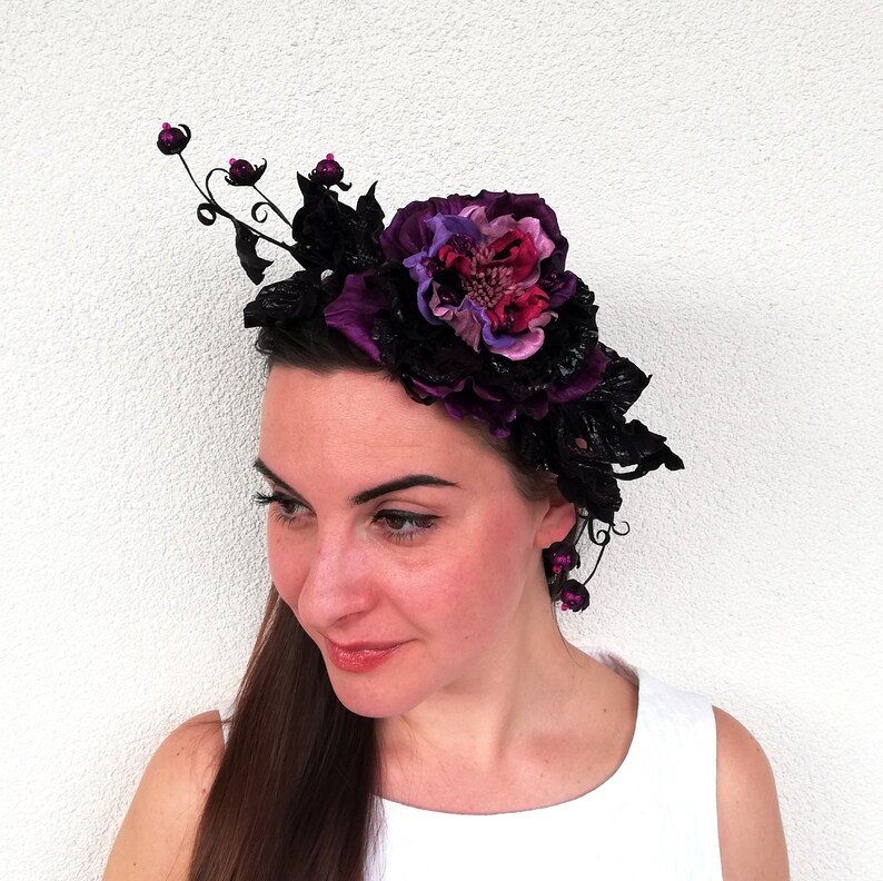 Purple Kentucky derby hat/ Ascot fascinator/ Leather flower / Royal wedding hats for women image 6