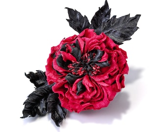 Leather rose brooch/ fuchsia  flower gift/ 3rd anniversary gift for wife