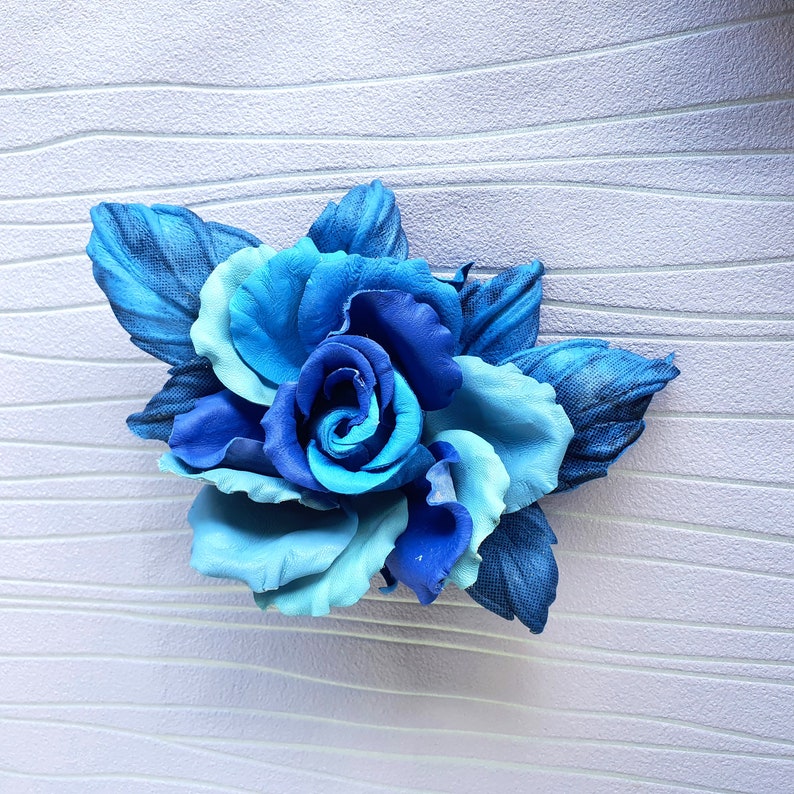 Blue Leather flower brooch Blue large rose Flower leather jewelry 3rd anniversary
