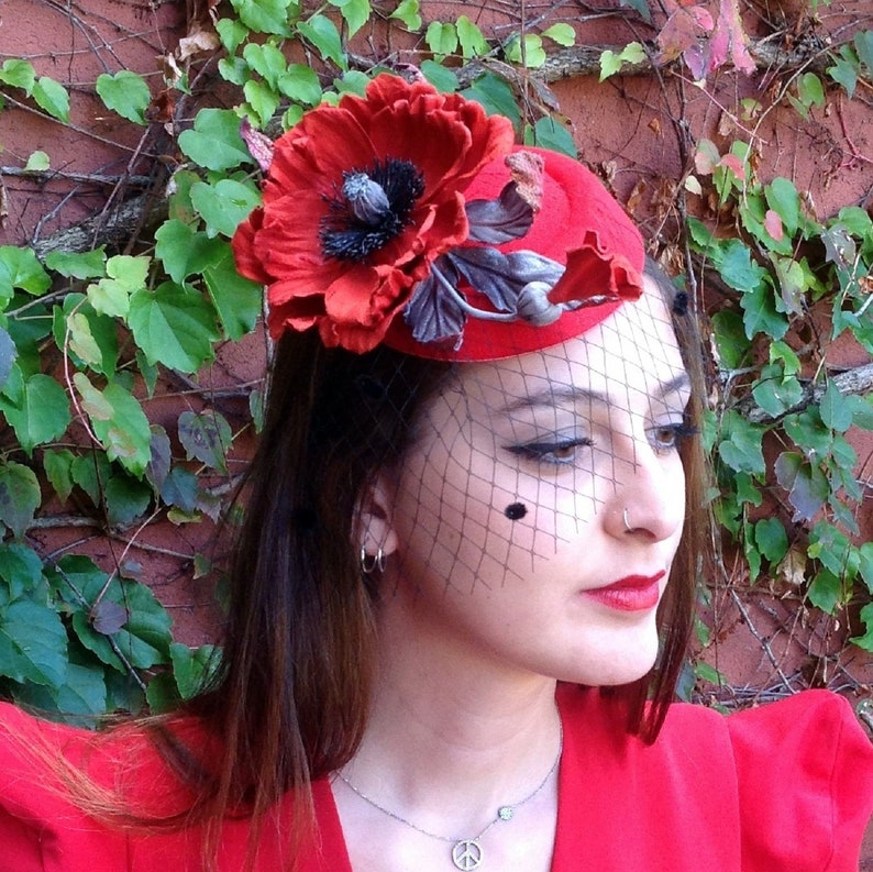 Red Kentucky derby hat Red Poppy flower Race day hat