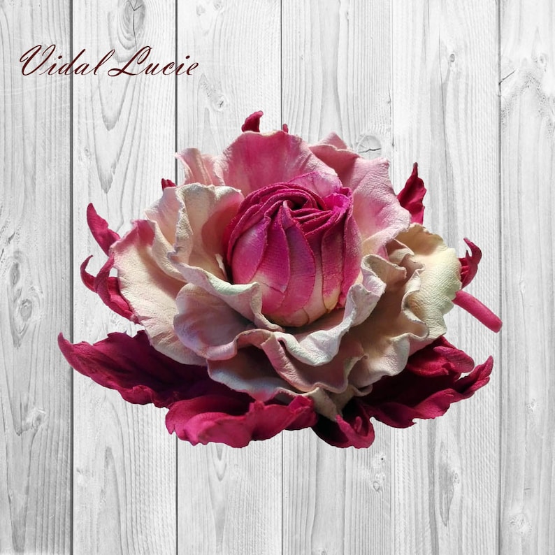 White Pink flower brooch Large leather flower pin for women