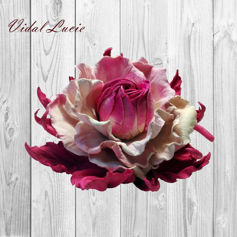White Pink flower brooch Large leather flower pin for women