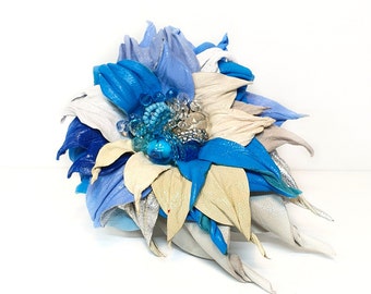 Blanc blue floral leather  brooch  Statement  jewelry for her Mother day gift third anniversary