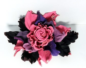 Leather rose brooch/ Pink  large rose/ 3 year anniversary gift for women