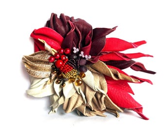 Red leather flower/ Red flower  brooch/ 3rd anniversary gift for women
