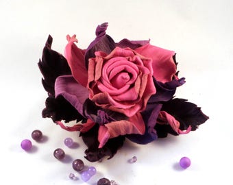 Large rose leather flower brooch/ Gift for wife the third wedding anniversary