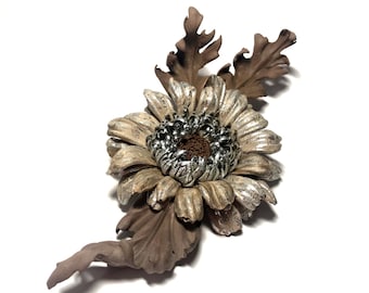 Beige and silver  brooch/ Gerbera daisy brooch  /  3rd anniversary gift