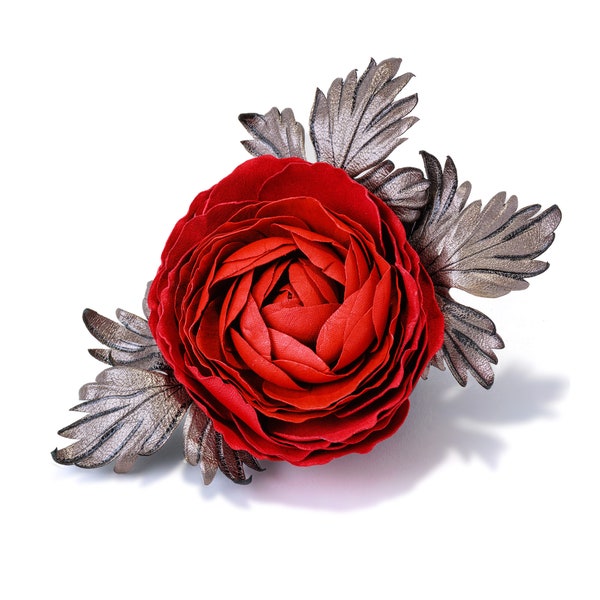 Broche rose en cuir rouge pour corsage Cadeau de Noël Fleur faite main de mariage Rose rouge