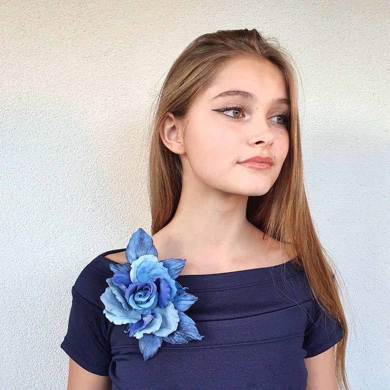 Blue Leather flower brooch Blue large rose Flower leather jewelry 3rd anniversary