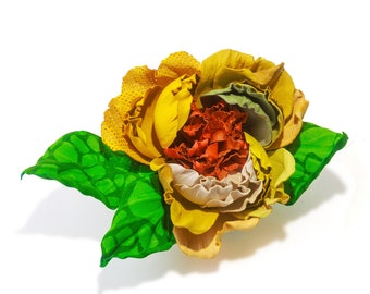 Yellow flower brooch Leather Big Floral  Pin Spring brooch  Leather Multicolor Brooch Boho jewelry Yellow Wedding 3rd anniversary gift