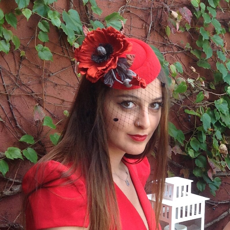 Red Kentucky derby hat Red Poppy flower Race day hat