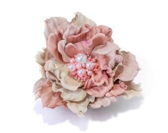 Handmade Pink Leather Flower Brooch, Pearl Accent
