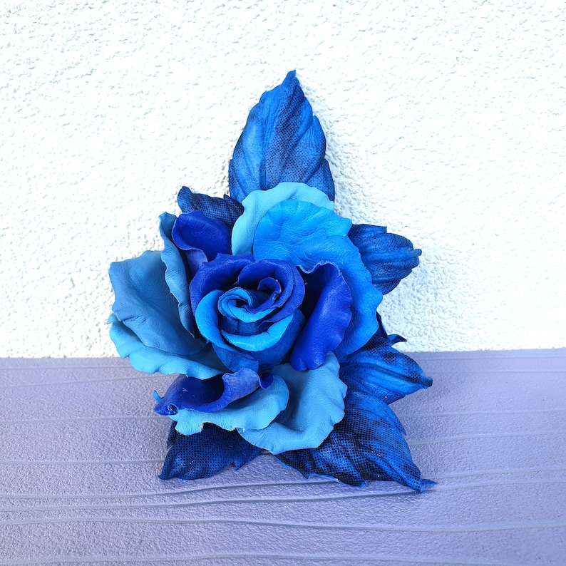 Blue Leather flower brooch Blue large rose Flower leather jewelry 3rd anniversary