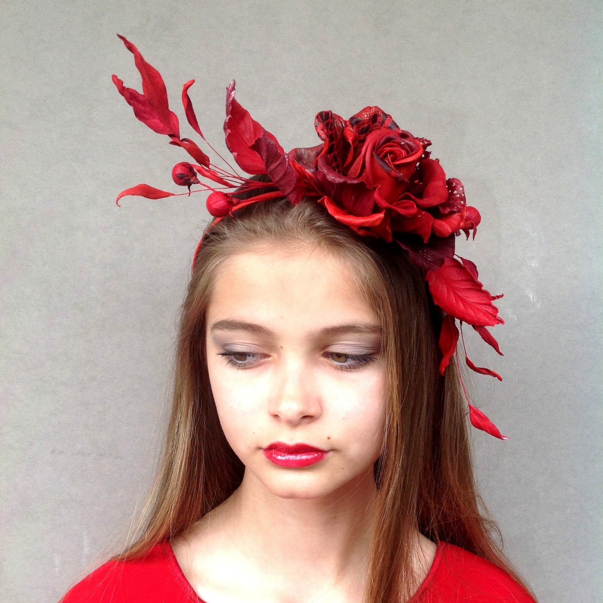 Red Leather Rose Fascinator, Handmade Race Day Hat - Etsy