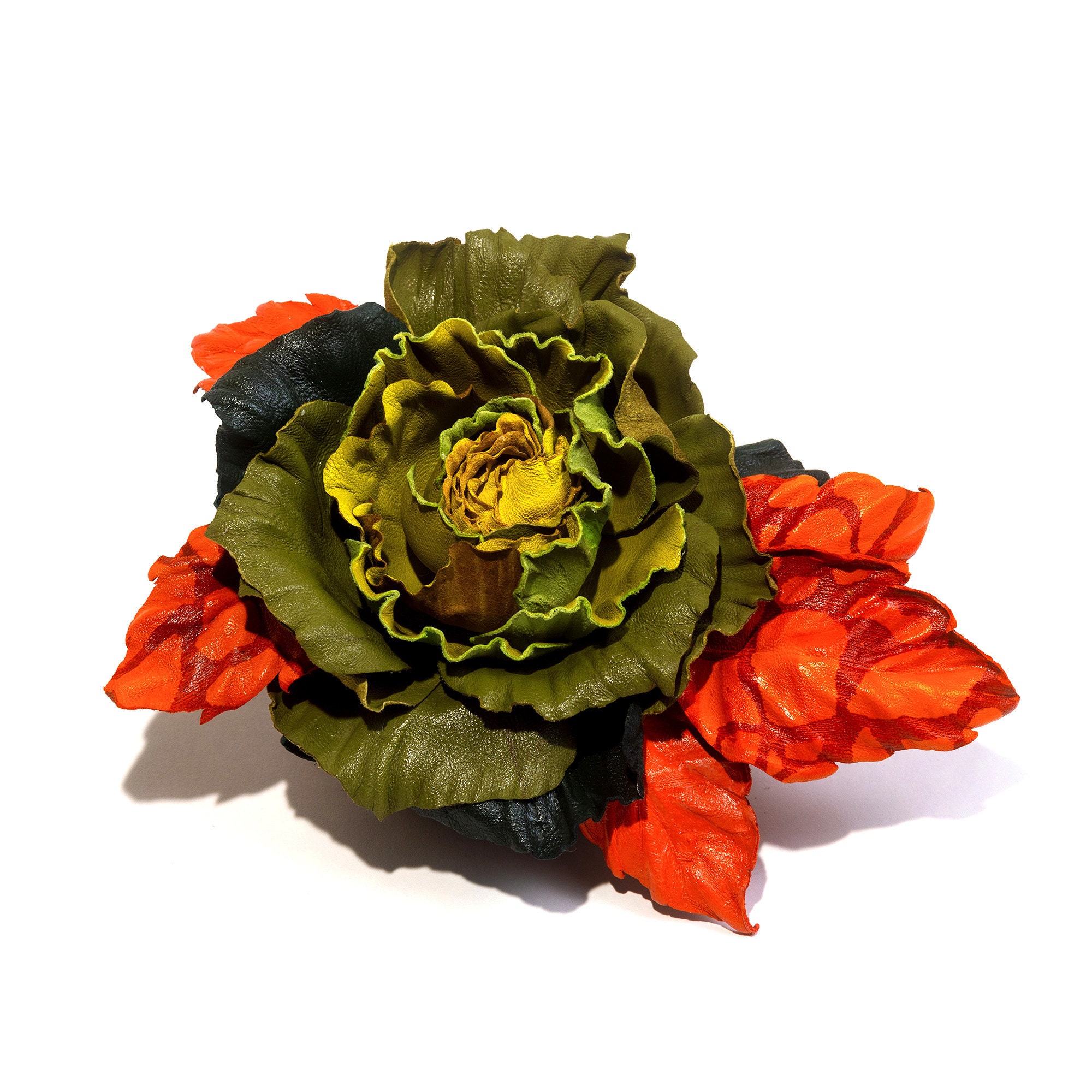 Broche Fleur En Cuir Verte Et Argentée - Fait Main - Marque EKcrea - Neuf Sans Emballage