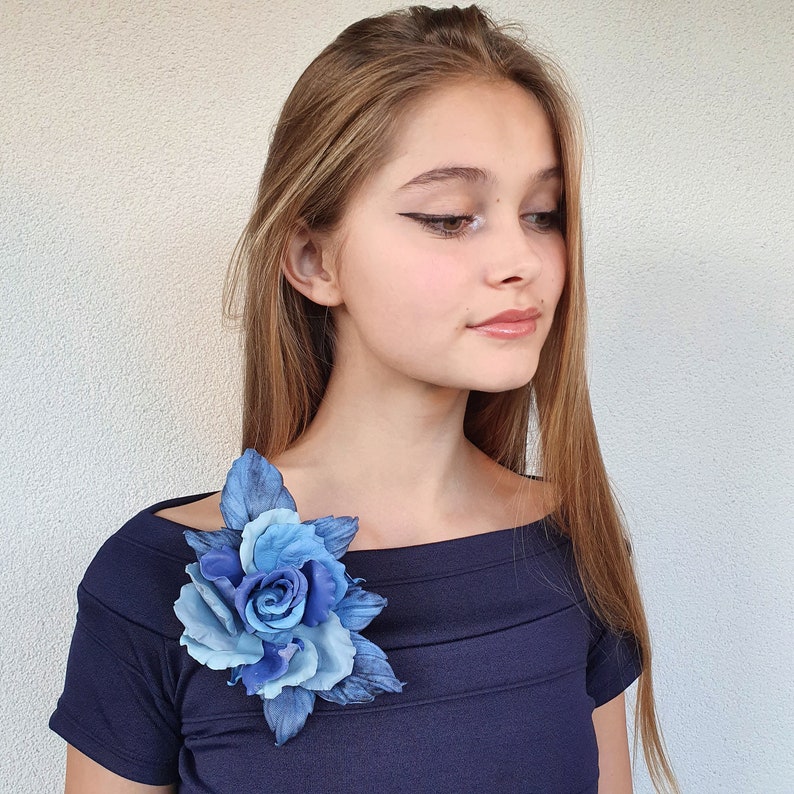 Blue Leather flower brooch Blue large rose Flower leather jewelry 3rd anniversary