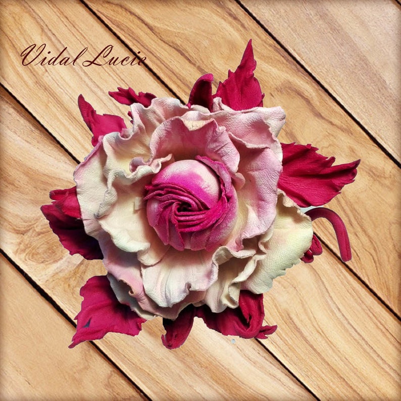 White Pink flower brooch Large leather flower pin for women