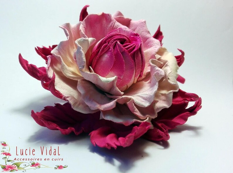 White Pink flower brooch Large leather flower pin for women