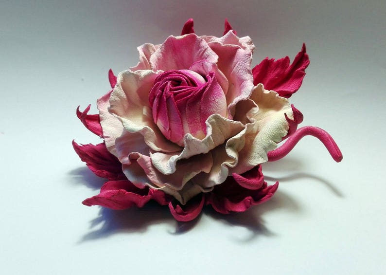 White Pink flower brooch Large leather flower pin for women